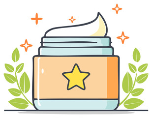 Whimsical jar of cream with star adornment and sparkling highlights surrounded by green foliage