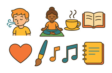Mindfulness Activities Grid. Flat vector mini-illustrations mindfulness activities in colors children's
