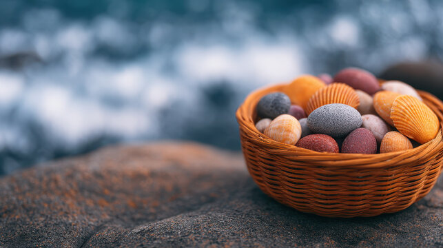 Calm wicker basket full of colorful stone and shell by sea for peaceful digital detox and connecting with nature on rocky shore