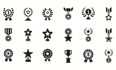 Award Icons Collection – Trophy, Medal, Ribbon & Star Icon Set in Vector Style