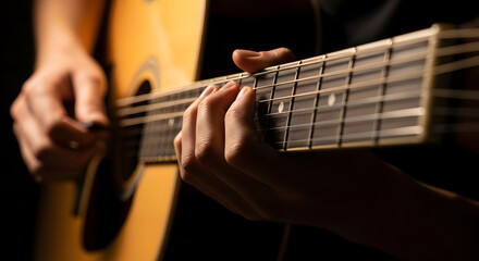 Fototapeta premium Close-up of a guitar with fingers plucking the strings, soft light illuminating the instrument, dark background highlighting details and texture, evoking calm and musical creativity.