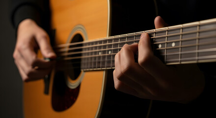 Close-up of a guitar with fingers plucking the strings, soft light illuminating the instrument, dark background highlighting details and texture, evoking calm and musical creativity.