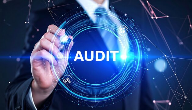 Businessman highlighting "audit" on a holographic interface