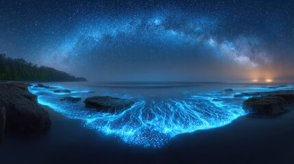 Serene night seascape with glowing blue bioluminescent plankton. An ideal escape for peaceful digital detox beneath starry Milky Way galaxy