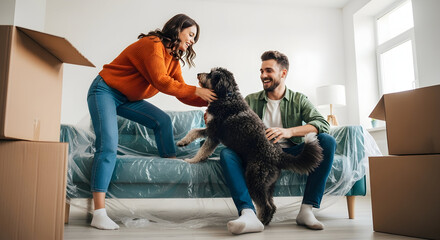 Happy couple moving into new home with their dog excited new beginnings home sweet home relocation moving day happiness family pet dog love new apartment