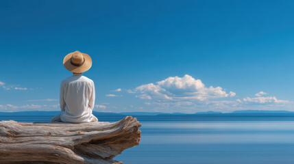 Serene person in white shirt and hat on digital detox sitting on log watching calm blue sky and tranquil water