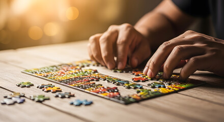 Fototapeta premium Close-up of hands assembling a puzzle on a wooden table, warm bokeh background, evoking focus, patience, and presence.