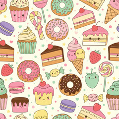 Colorful seamless pattern of cute kawaii sweets and desserts with smiling anthropomorphic faces including donuts cupcakes cake ice cream and macarons.