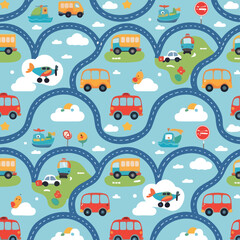 Colorful seamless pattern of cute cartoon vehicles including buses cars and planes on a winding road map with clouds and stars.