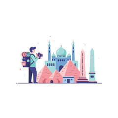 Naklejka premium Explorer with Camera Capturing Iconic Destination Architecture and Monuments Vector Art
