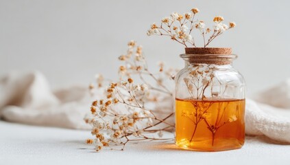 Small glass jar with dried flowers, amber liquid, and cream cloth