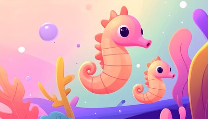 Two adorable cartoon seahorses swim amidst pastel-colored coral and bubbles in a whimsical underwater scene.