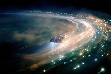 Futuristic spaceship navigating through a vibrant cosmic landscape filled with glowing star trails and ethereal clouds, showcasing advanced technology and deep space exploration.