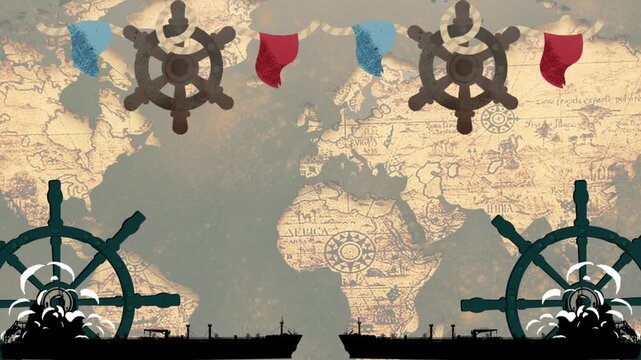 Vintage-style animated world map with ship wheels and navigation icons, representing maritime exploration history.