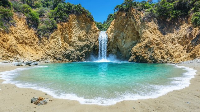 Coastal waterfall cascading into turquoise pool - Powered by Adobe