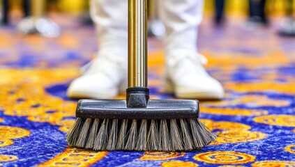 Close-up of a person cleaning a patterned carpet with a brush attachment