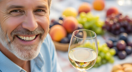 Person smiling while holding a wine glass at a picnic, focus on the smile and glass, background with blurred fresh fruits and colorful blanket.