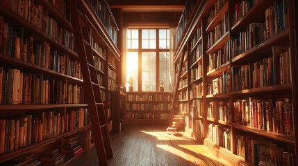 Obraz premium Sunlight streams through a grand library aisle illuminating rows of antique books