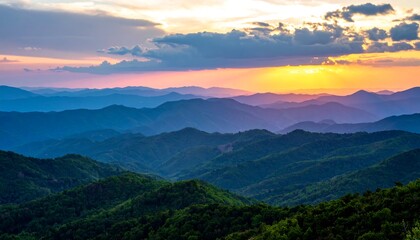 Fototapeta premium Sunset Over Mountain Ridges Layers Scenery Landscape