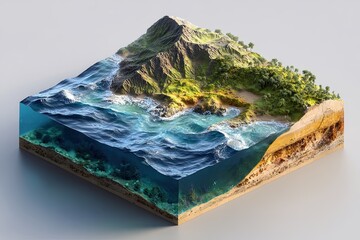 Isometric cutaway view of a tropical island, showcasing a mountainous terrain, lush vegetation, sandy beach, and underwater coral reefs.  