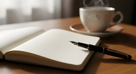 Close-up of a notebook with beautiful handwriting, fine-tip pen beside, partially blurred coffee cup, morning light.