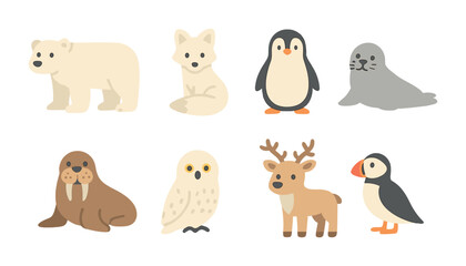 Fototapeta premium Arctic Animals Grid. Flat vector mini-illustrations animals in the arctic habitat in colors children's