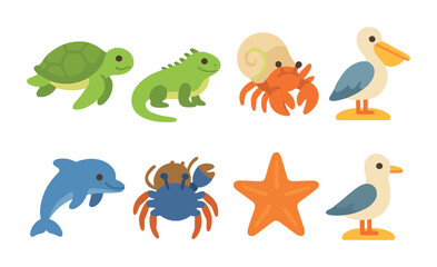 Island Animals Grid. Flat vector mini-illustrations animals in the island habitat in colors children's