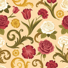 Elegant Seamless Floral Damask with Roses Tulips and Ornate Acanthus Scrolls.
