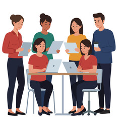 Obraz premium A diverse group of colleagues collaborating on a project, working together in a modern office setting with laptops and documents.