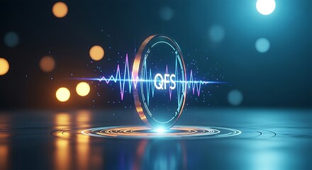 QFS wallet standby mode. A holographic QFS coin pulses slowly and gently, like a heartbeat, indicating a secure, inactive state.