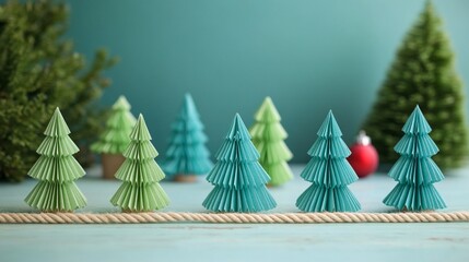 Festive paper origami Christmas trees in shades of green and teal, artfully arranged on a wooden surface with a soft blue-green background and a hint of a red ornament