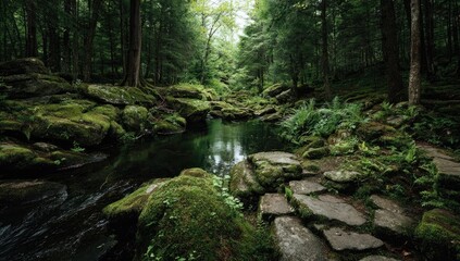 Lush forest pool. Moss-covered stones lead to a tranquil, dark-green pool nestled within a dense, sunlit forest