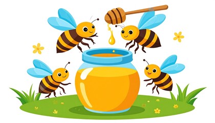 Cute cartoon honeybees around a honey jar