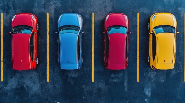 Colorful cars in parking spaces
