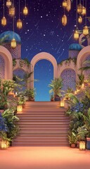A stylized, digital rendering of an ornate,  Arabian-inspired stairway leading to an archway, filled with lanterns and plants under a starry night