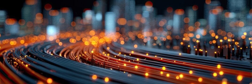 Abstract network of glowing lines connecting a blurred cityscape