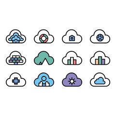 Obraz premium Set of colorful cloud computing icons on white background
