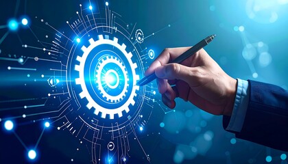 Businessman interacting with digital gear interface