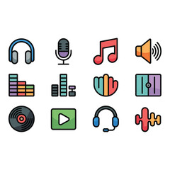 Set of colorful music and audio icons on white background