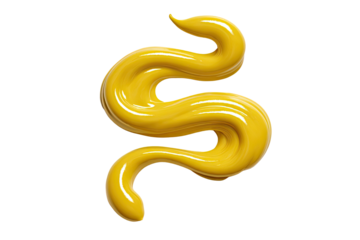 A swirling, glossy, mustard-yellow blob, resembling a snake or a stylized S.  It has a smooth, almost liquid texture, and a slightly raised, 3D effect