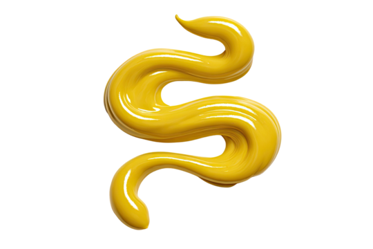 A swirling, glossy, mustard-yellow blob, resembling a snake or a stylized S.  It has a smooth, almost liquid texture, and a slightly raised, 3D effect