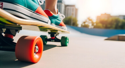 Close-up of a skateboard with colorful wheels in motion, vibrant sneakers on foot, slight blurred background showing concrete skatepark under intense sunlight.