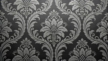 Fototapeta premium Elegant Silver Damask Wallpaper Texture: Dark Background, Vintage Style, Luxurious Feel.
