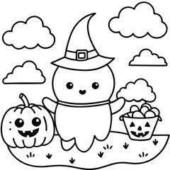 Cute Halloween Ghost Coloring Page with Pumpkin