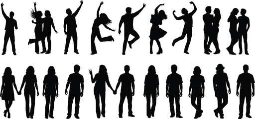Silhouettes of diverse people in motion and poses, dancing, interacting, standing still, perfect for creative design, illustration, stock usage