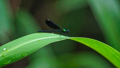 A dragonfly perched on a blade of grass