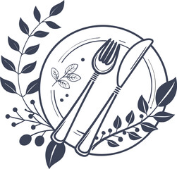 Dinner Setting Icon Plate, Fork, and Knife Vector for Food Service Design