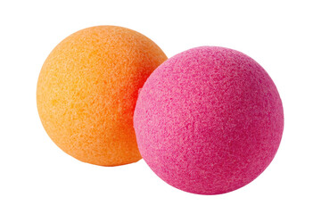 Two brightly colored, fuzzy balls, close-up.  Orange and pink spheres.  Soft texture