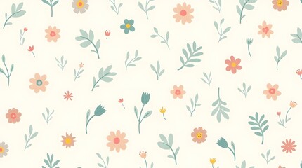 A charming seamless pattern with small, hand-drawn flowers in a ditsy floral style. A delicate and cute botanical background for fabric, paper, or spring designs.