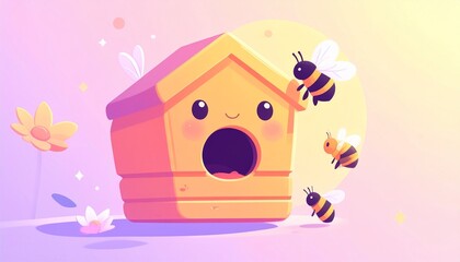 A cartoon illustration of a smiling birdhouse with bees flying around it, and flowers.